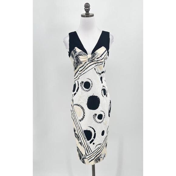 Roberto Cavalli Class Black White Tiger Floral Dots Midi Sheath Dress Sz US 4 - Picture 1 of 8